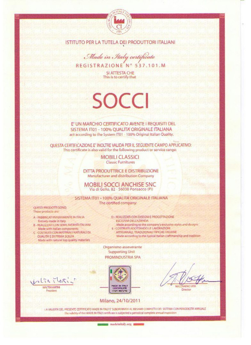 Chứng nhận sản xuất tại Ý của hãng Socci